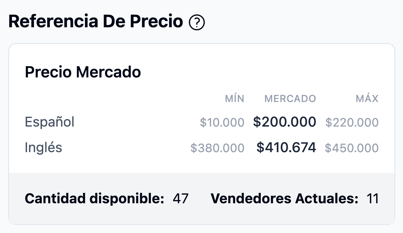 Referencia de precio con desglose por idioma