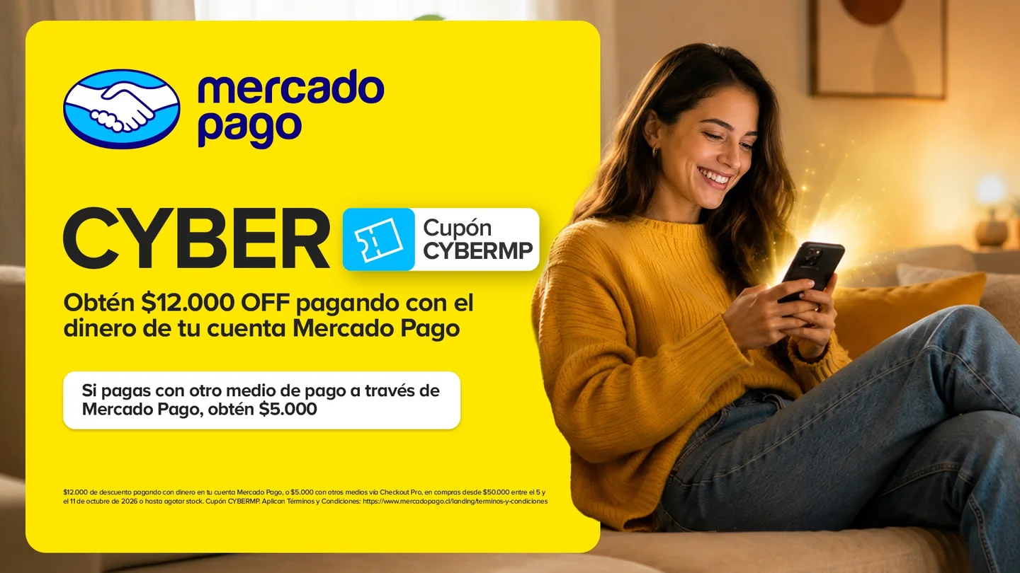 Mercado Pago Cyber, cupón CYBERMP: obtén $12.000 OFF pagando con el dinero de tu cuenta Mercado Pago. Si pagas con otro medio de pago a través de Mercado Pago, obtén $5.000.